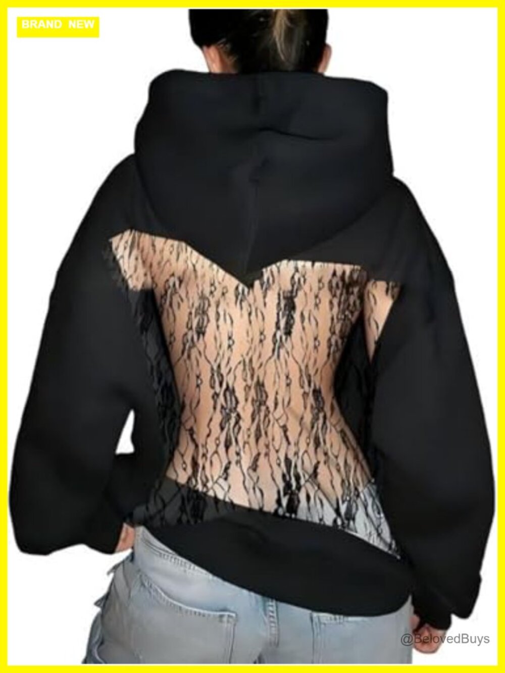 Oversized See Through Fishnet Hoodie Backless Sequin Pullover with Pockets